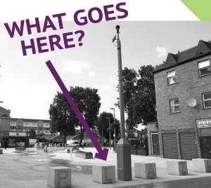 Picture of Plaza with sign saying what goes here